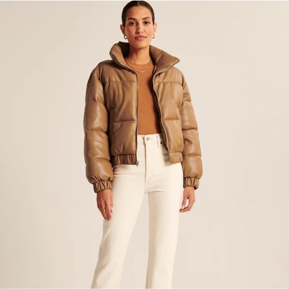 NWT Abercrombie & Fitch Ultra Mini Puffer Camel Vegan Faux Leather Bomber Sz XL - Picture 4 of 13